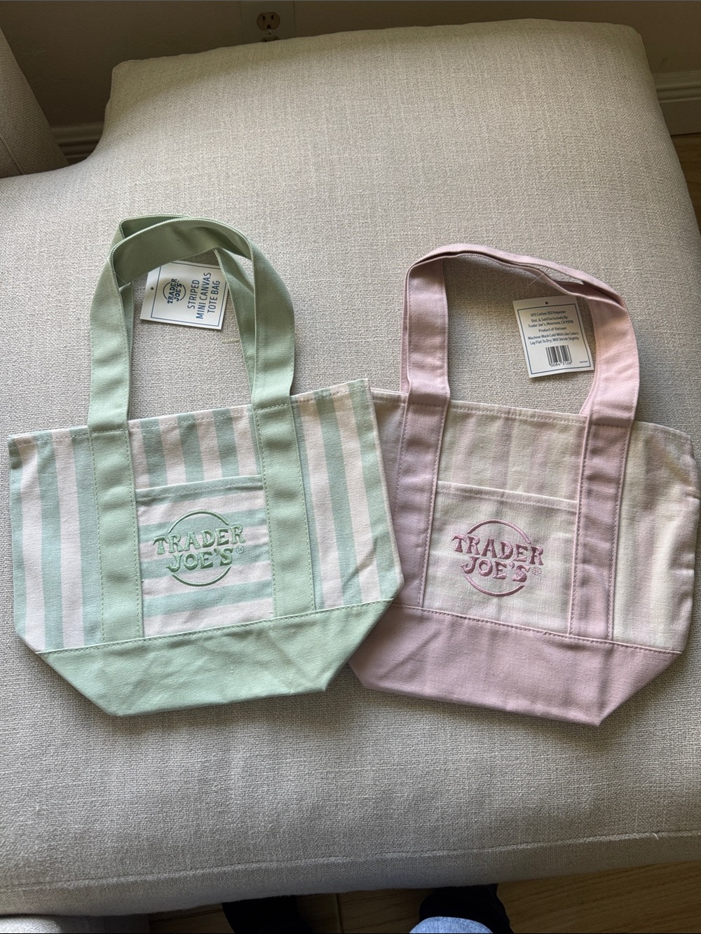 Trader Joe”sPastel Stripe Canvas Tote - Mint and Blush. Set of 2. NEW